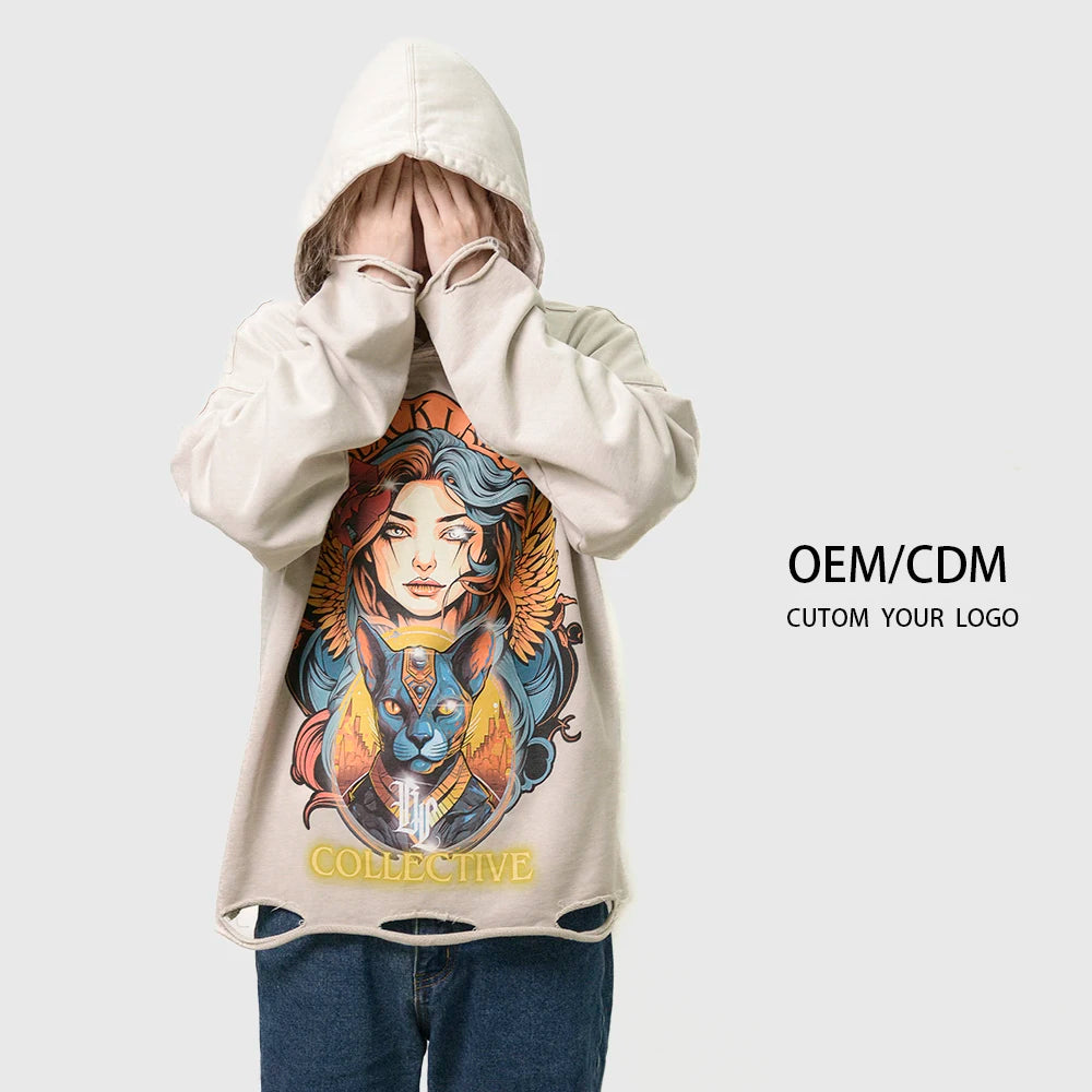 Custom Men Hoodies  Digital Printing No String Oversized Pullover French Terry Cotton Acid Wash Cut Edgs Raw Hem Hoodie