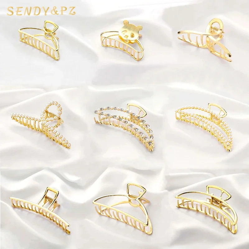 Woman Fashion Hair Accessories Gold Alloy Metal Hair Claw Clip for Girls Bling Rhinestone Pearl Big Hair Clip Hairgrips