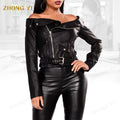 Clothing Manufacturers Custom Show Stopper Crop PU Moto Jacket Black Ladies Coat Cool Zipper Ong Sleeve Leather Jacket Top