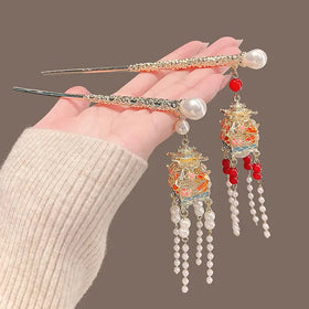 Chinese Style Hairpin Luminous Palace Lamp Lantern Hair Stick Women Classical Metal Pearl Tassel Chopsticks Hair Clip
