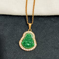Green Jade Lucky Amulet Talisman Crystal Laughing Maitreya Buddha Necklace Stainless Steel Dainty Jade Buddha 18k Gold Necklace