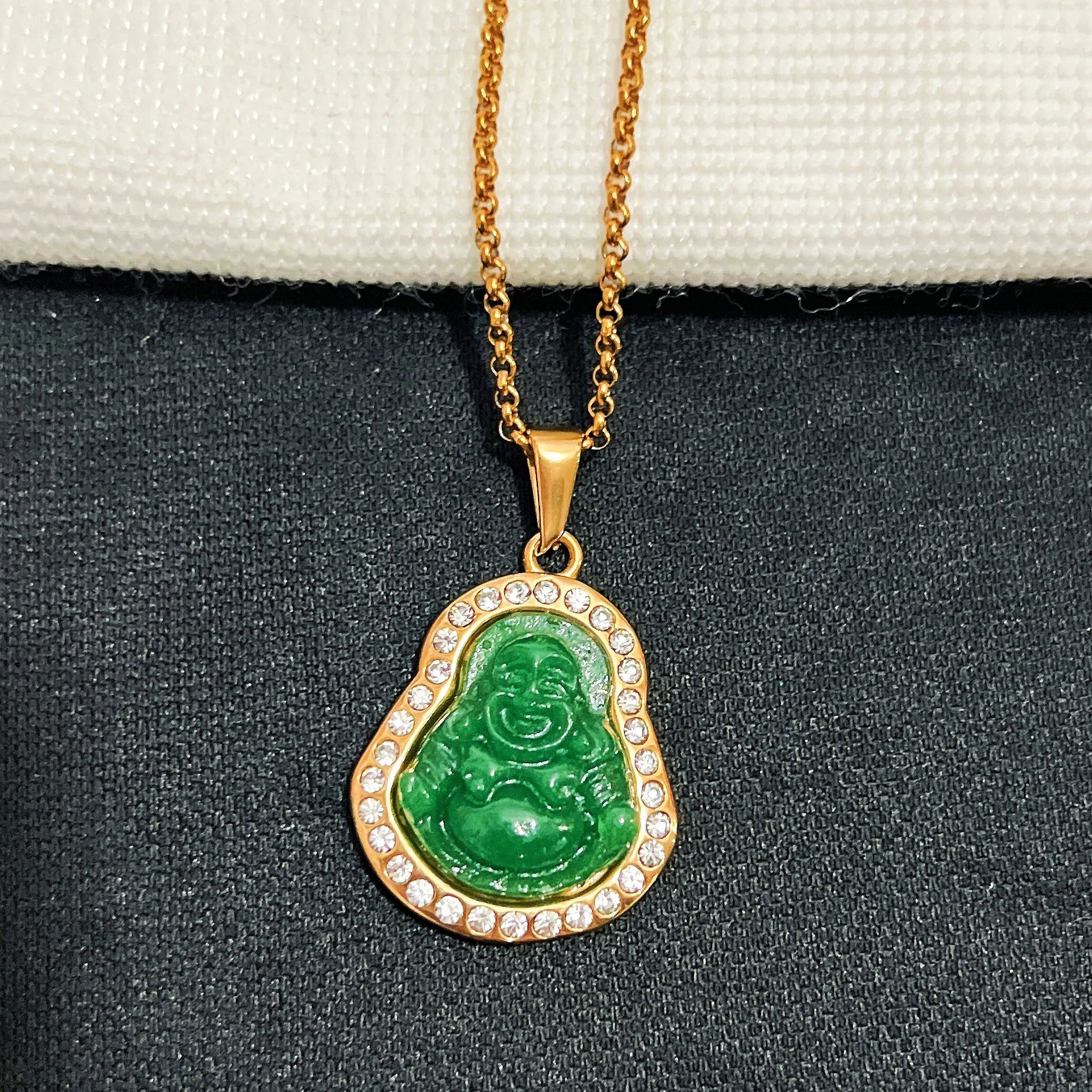 Green Jade Lucky Amulet Talisman Crystal Laughing Maitreya Buddha Necklace Stainless Steel Dainty Jade Buddha 18k Gold Necklace