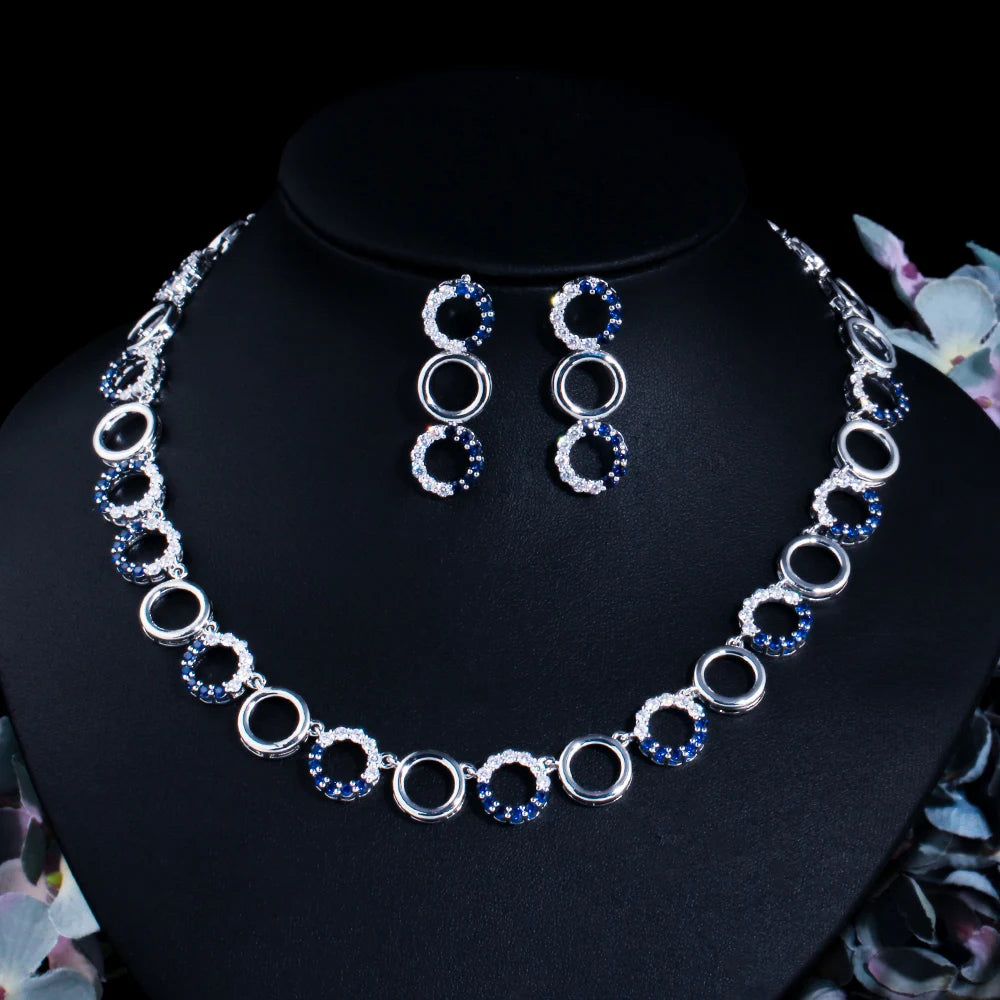 Classic Royal Blue Cubic Zirconia Circles Round CZ Stone Jewelry Sets for Women Earring and Necklace Wedding Bridal Gift