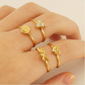 18K Gold Plated Stainless Steel Glass Stone Knotted Flower Adjustable Rings for Women Waterproof Heart Open Finger Ring Jewelry