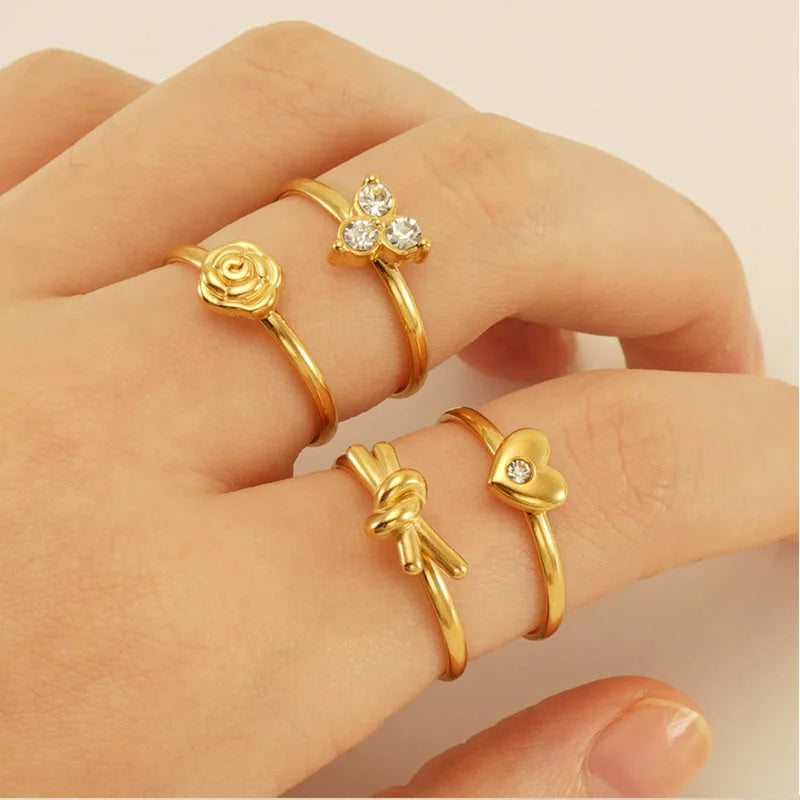 18K Gold Plated Stainless Steel Glass Stone Knotted Flower Adjustable Rings for Women Waterproof Heart Open Finger Ring Jewelry