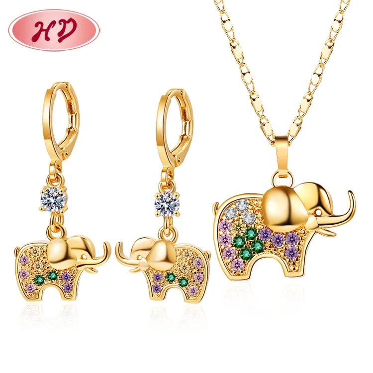 Manufacturer Wholesale Vintage Colorful Zircon Elephant 18K Gold Plated Jewelry Sets 3D Custom for Ladies