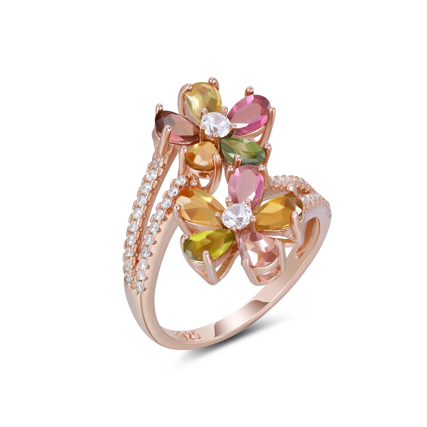 YBO Trendy Natural Color Tourmaline Gemstone Ring Rose Gold Plated Flower with Adjustable Pear Cut Diamond for Weddings Parties