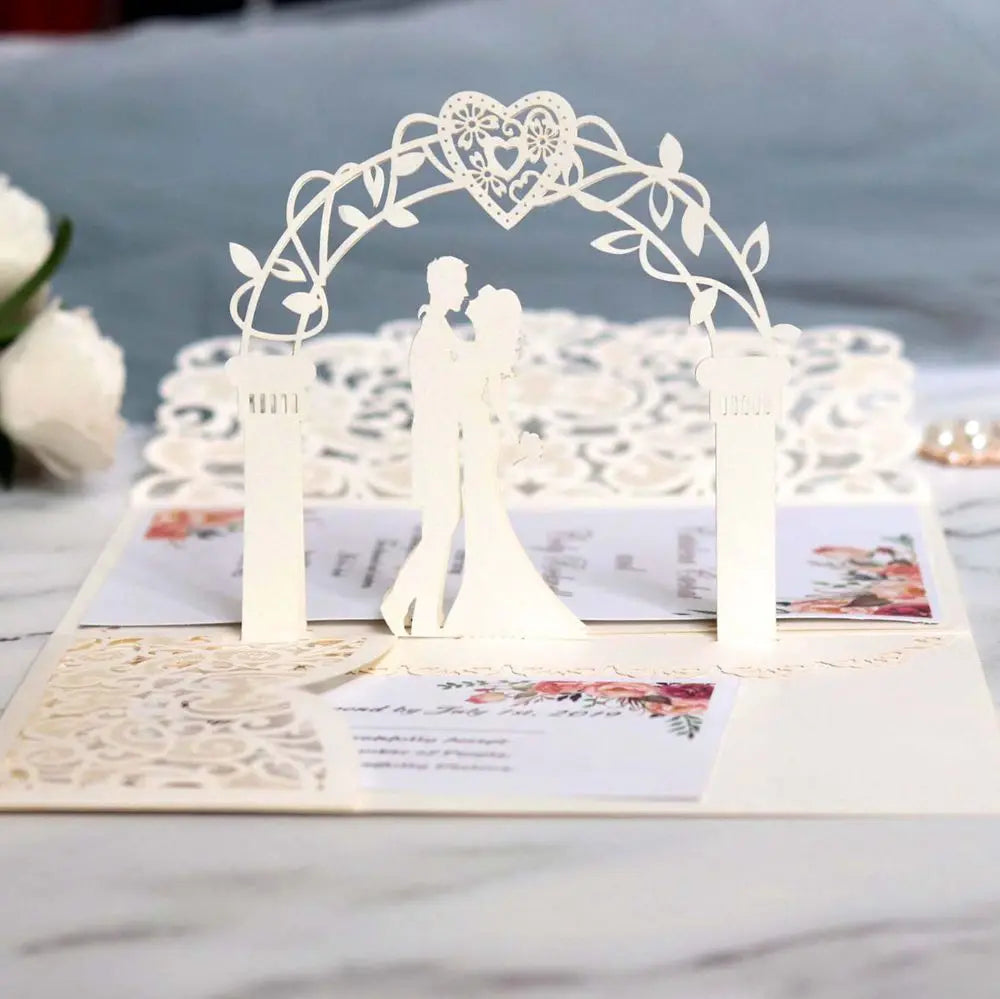 Luxury 3D Laser Cut Bride Groom Pocket Invitations With Blank Envelopes  Wedding Invitation Cards