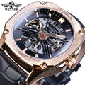 Winner New 2023 Men Casual Mechanical Watch Blue Skeleton Automatic Luminous Hand Leather Clock Man Sport Fashion Wristwatch Gif