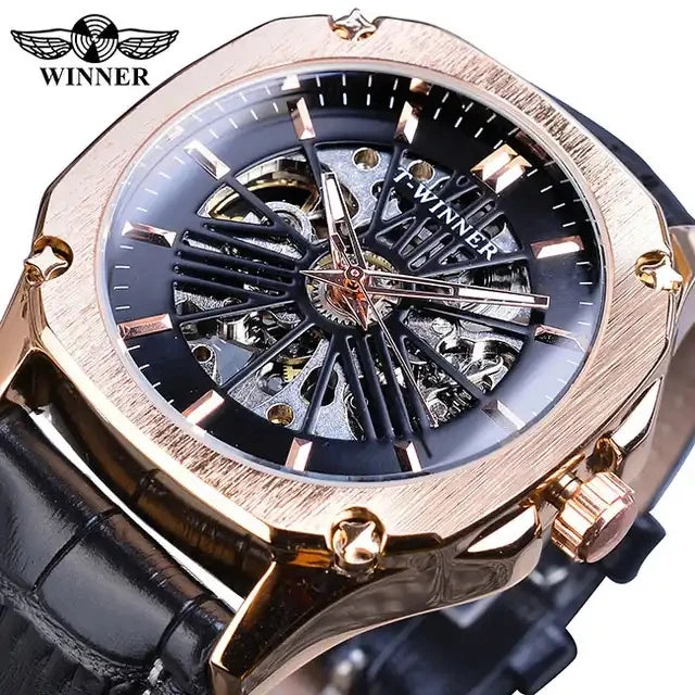 Winner New 2023 Men Casual Mechanical Watch Blue Skeleton Automatic Luminous Hand Leather Clock Man Sport Fashion Wristwatch Gif