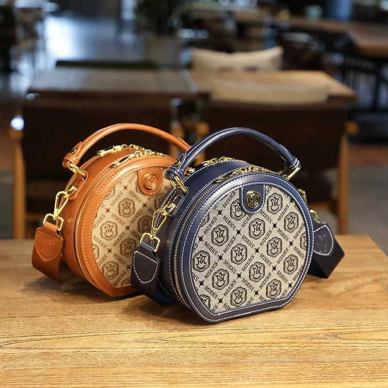New Round Cake Bag PU Fashion Geometric Embroidered Zipper One-Shoulder Crossbody Bag