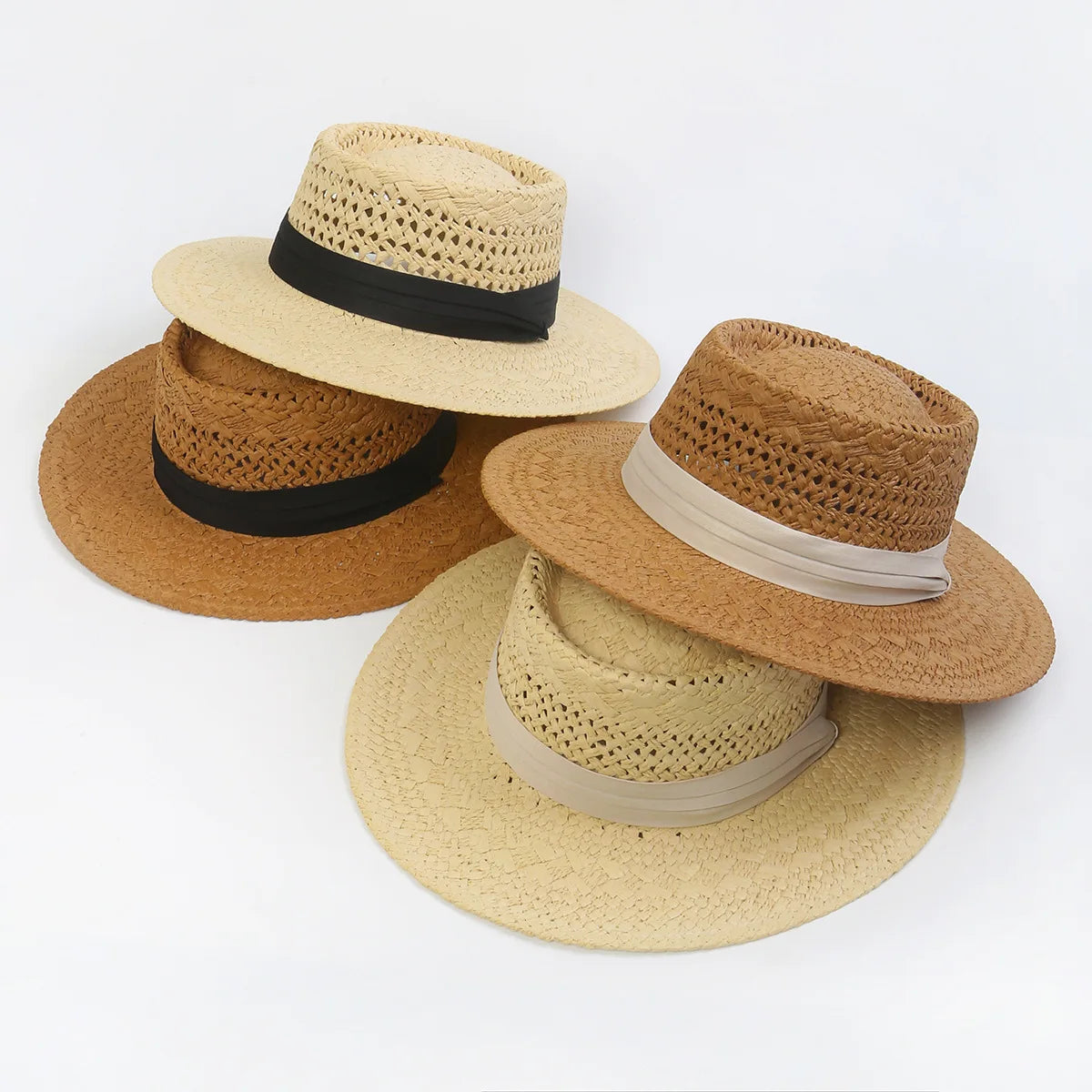47 Designs Handmade Hollow Woven Flat Top Summer Beach Sun Hat Vacation Panama Straw Hat with Black Band