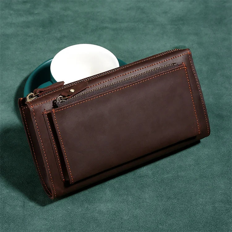 Crazy Horse Leather Large Capacity Clutch Bag Mobile Wallet Men's Leather Long Wallet