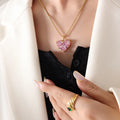New Dainty 18k Gold Plated Tarnish Free Stainless Steel Pink Heart Zircon Necklace Earring Jewelry Set for Women