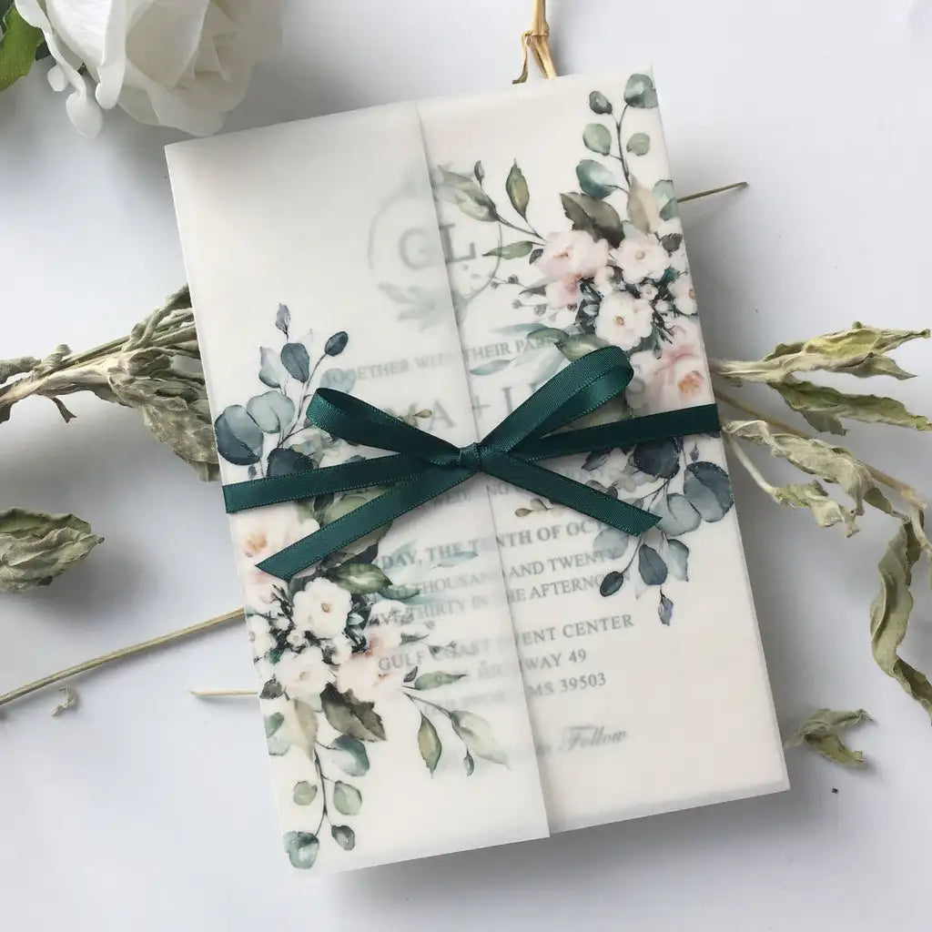 Printable Green Floral Vellum Jacket Tracing Paper Wrap Wedding Invitations Card With Ribbon for Bridal Shower Party