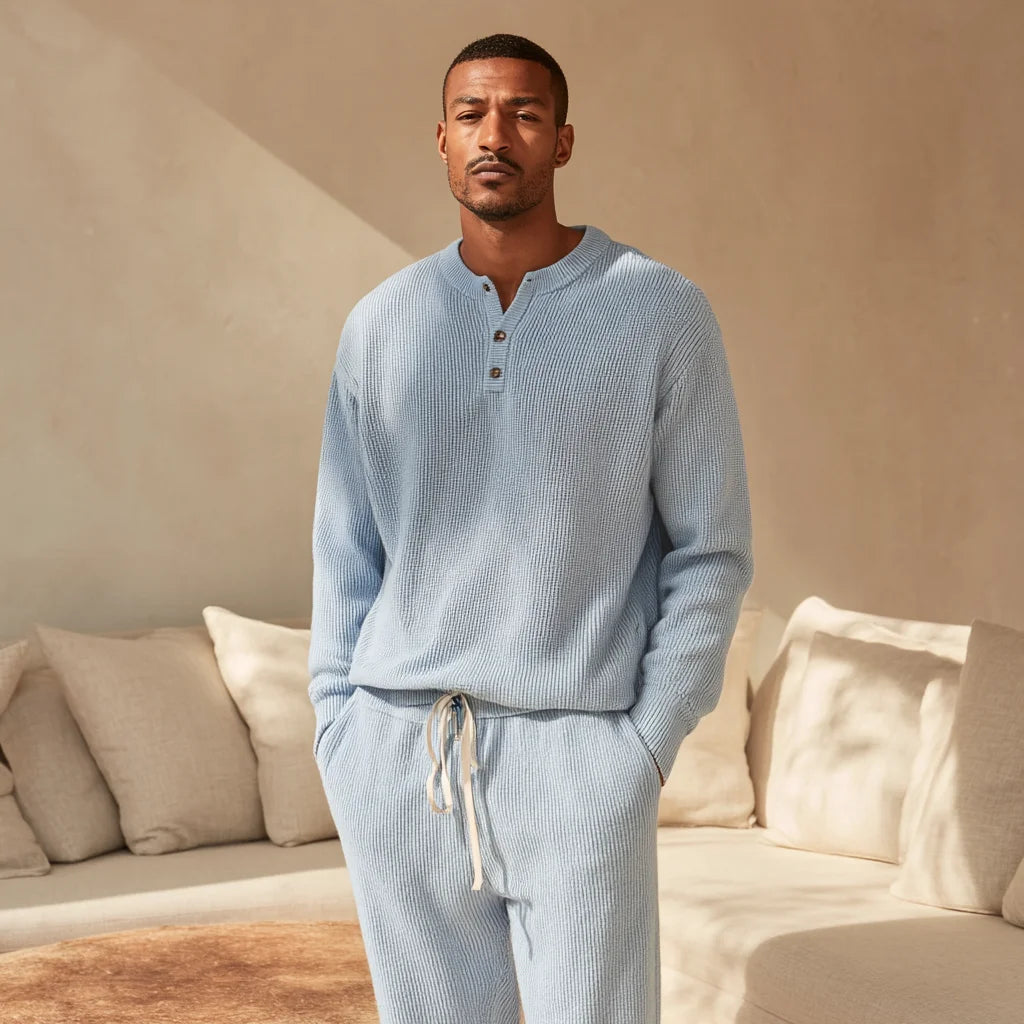 Men's Organic Cotton Comfortable and Eco-Friendly Henley Sweater Knit Pants Set Breathable Pattern Decorated for Autumn Season