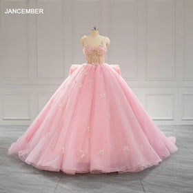 Princess Pink Quinceanera Dresses Lace Appliques Tulle Skirt Corset Sweet 16 Dress Off the Shoulder Ball Gown LSRL001