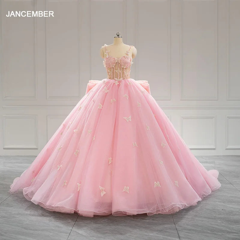 Princess Pink Quinceanera Dresses Lace Appliques Tulle Skirt Corset Sweet 16 Dress Off the Shoulder Ball Gown LSRL001