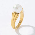 French Elegant 18k Gold Plated Stainless Steel Metal Texture Stainless Steel Round Pearl Ring