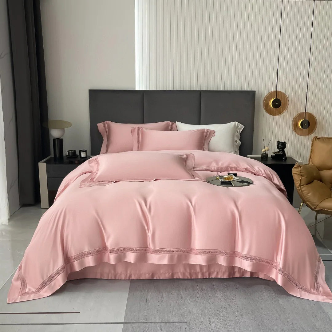 Summer 100%lyocell Fiber pink Girl Duvet Cover king Size Solid Color Bed Linen Home Textile Green Bedding Set Supplier