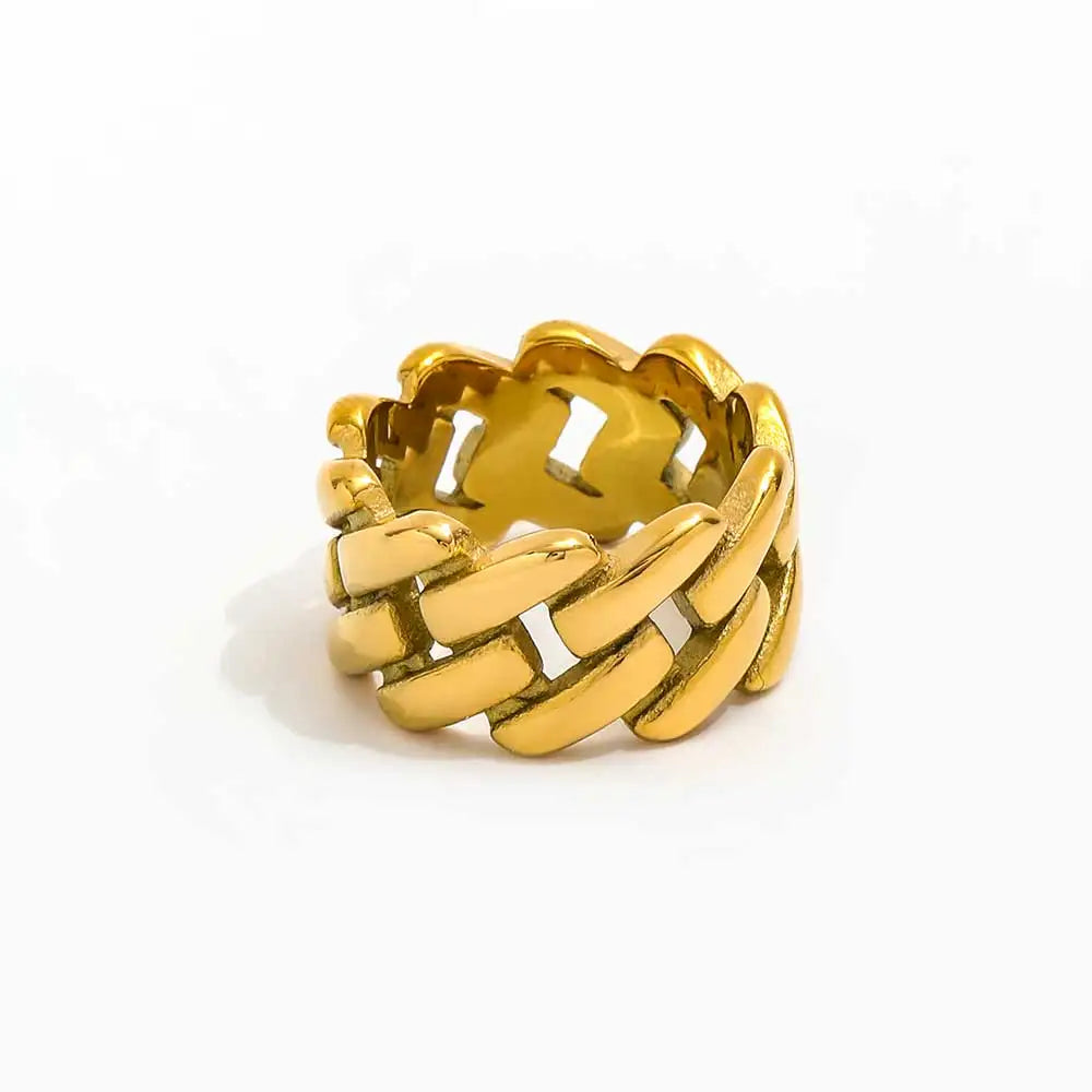 Joolim Jewelry Wholesale 18K Gold Plated Chunky Link Chain Band Stainless Steel Rings for Women Rings