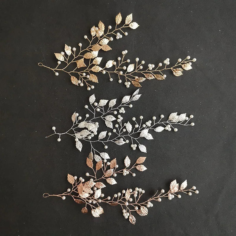 SLBRIDAL Handmade 3 Colors Alloy Flower Leaf Pearls Bridal Headband Hair Vine Wedding Hair Accessories Women Girls Hair Jewelry