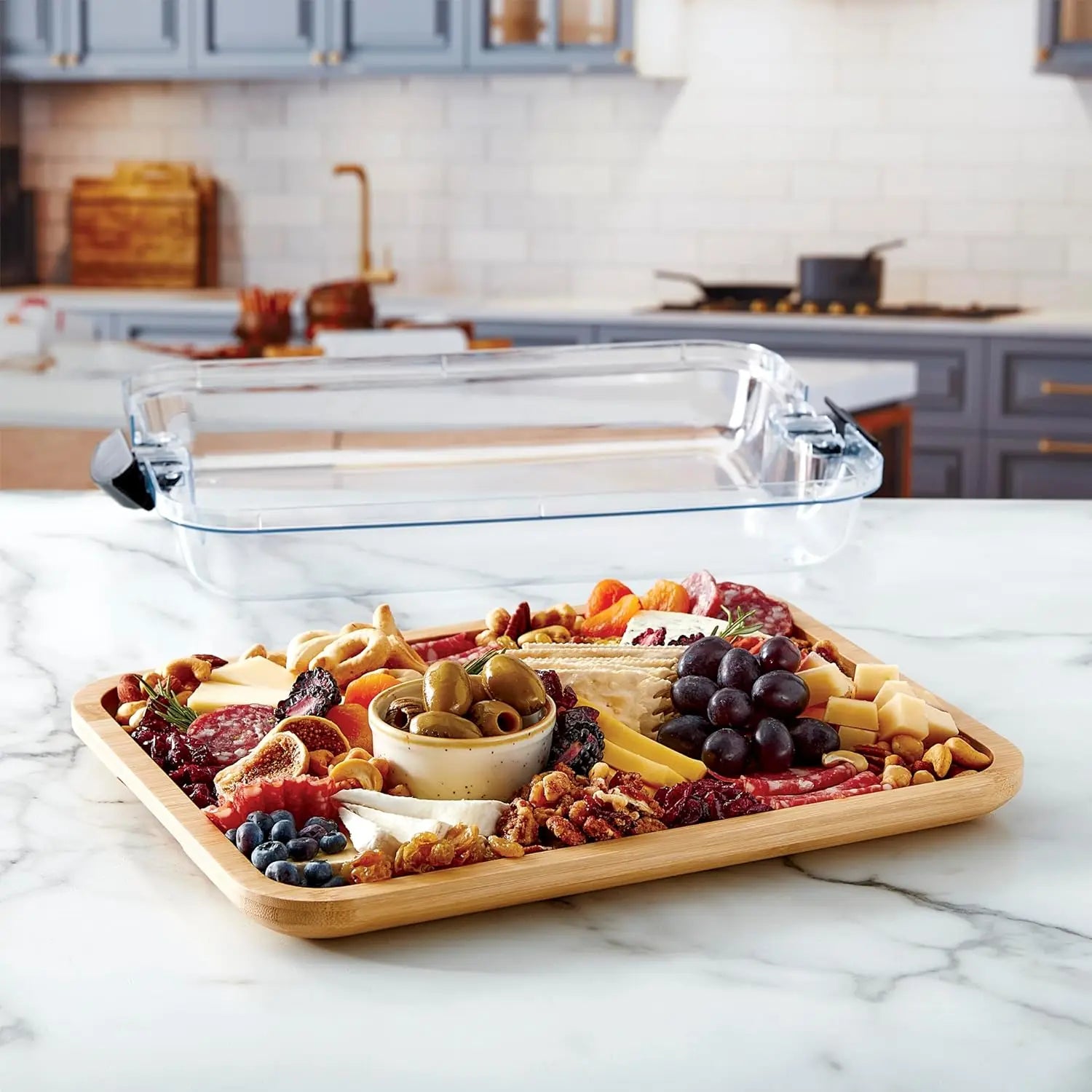 Bamboo Cutting Snack Charcuterie Board with Clear Lid Handles Kitchen Fruit Meats Appetizers Divided Serving Tray for Food