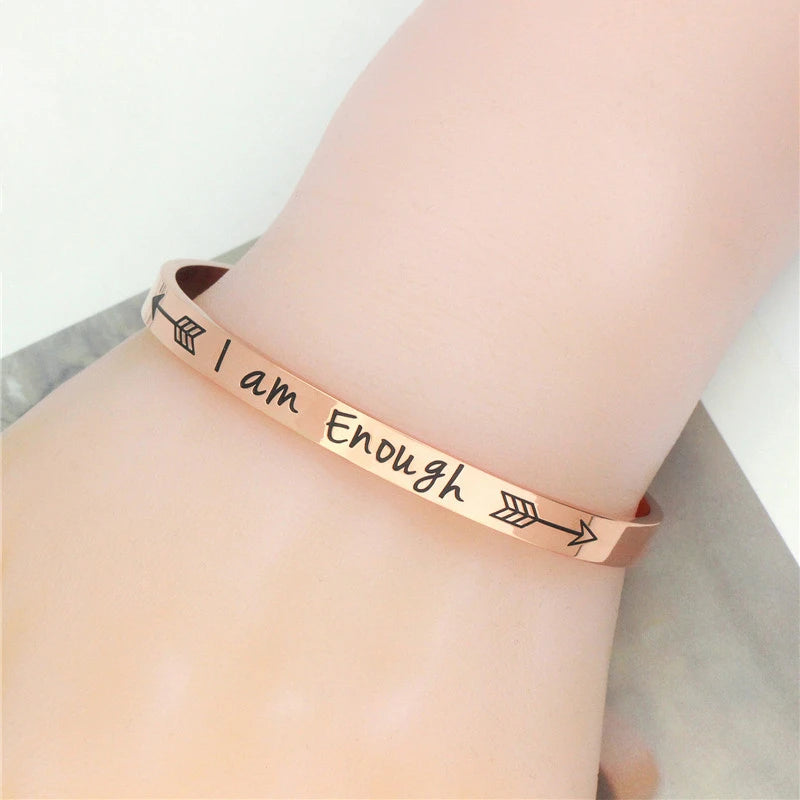 Minimalist  316L Stainless Steel Cuff Bracelet Bangle 6mm Width  Engraved Arrow I Am Enough Cuff Bangle
