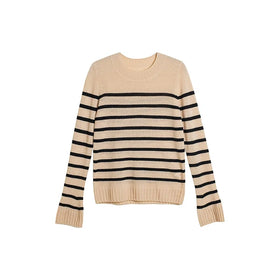 Mongolia Cashmere Vintage Woman Striped Crew Neck Sweater Jumper