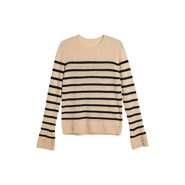 Mongolia Cashmere Vintage Woman Striped Crew Neck Sweater Jumper
