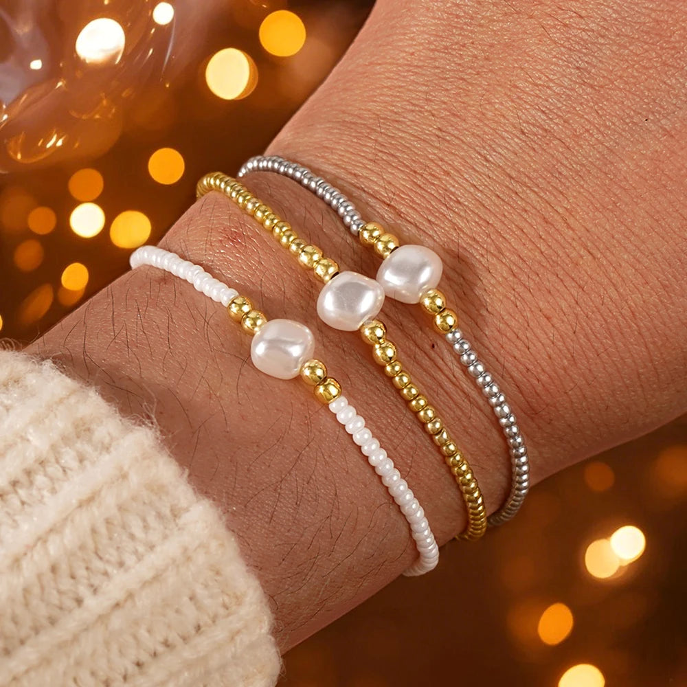 Go2boho Women's Bohemian Style Daily Wear Handmade Multicolor  Bracelets Set Imitation Pearl Beads for Religious Anniversaries