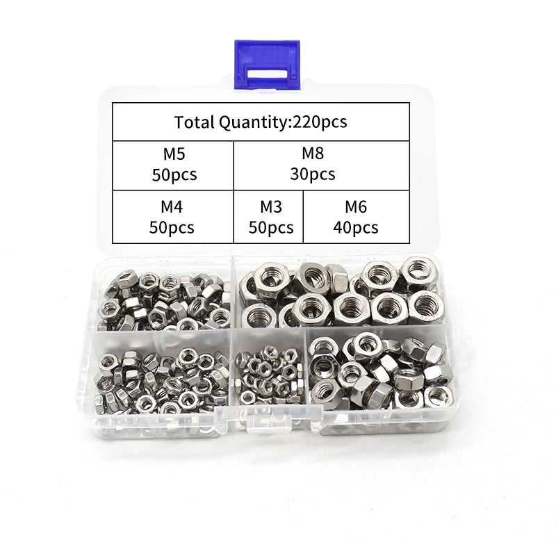 InStock 220pcs M3/M4/M5/M6/M8 Manufacture Hot Sale Stainless Steel Hex Nuts Assortment Kits