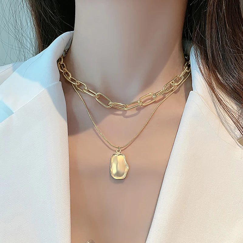 VKME Fashion New Design Double Layer Gold Plated Pendant Chain Necklace