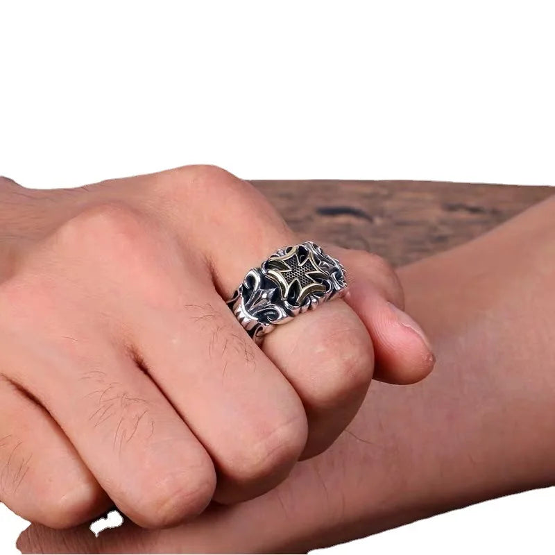 Wholesale Adjustable Size Cross Ring Men 925 Sterling Silver Hip Hop Style Open Ring Jewelry Vintage Design Punk