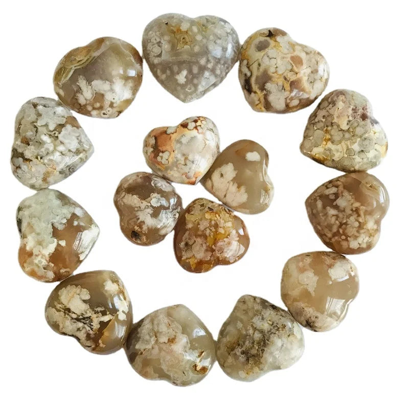 Wholesale Natural Pink Crystal Cherry Blossom Agate Heart Flower Agate Heart for Gifts