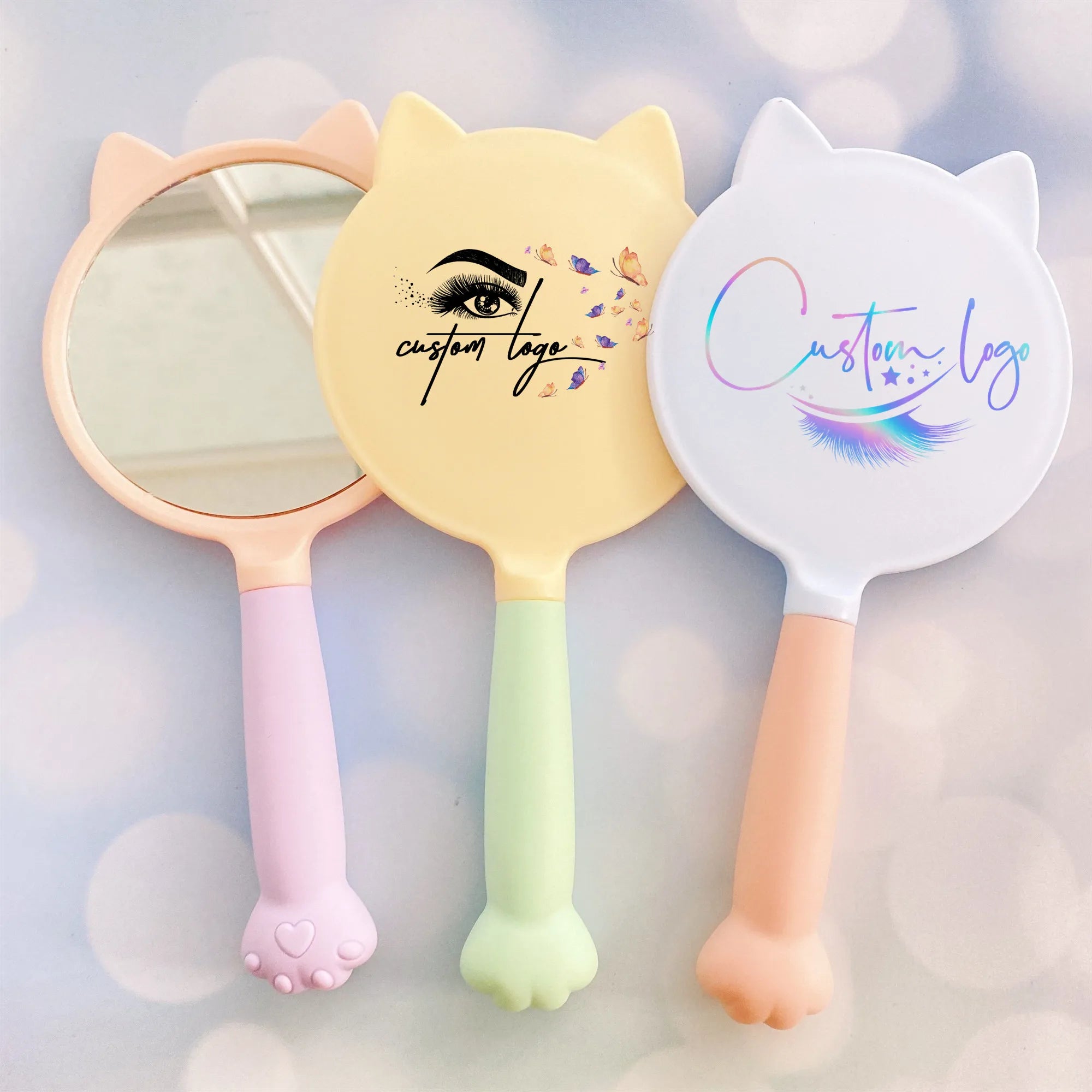 New Hot Selling Personalized logo Hand Mirror Cute Cat Shape pink Handheld Makeup Mirror