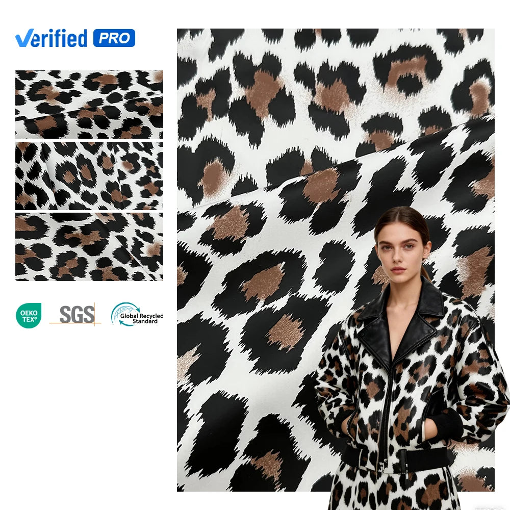 PFAS FREE Fashion Pu Leather Fabric for Dresses Leopard Pattern 0.4mm Customized Eco-Friendly 2 Way Stretch Synthetic Fabric