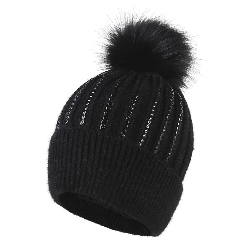 Custom logo Sequin Pom Beanie Acrylic Stretchable Soft Warm Knit Winter Beanie Hat With Faux Fur Pom Pom