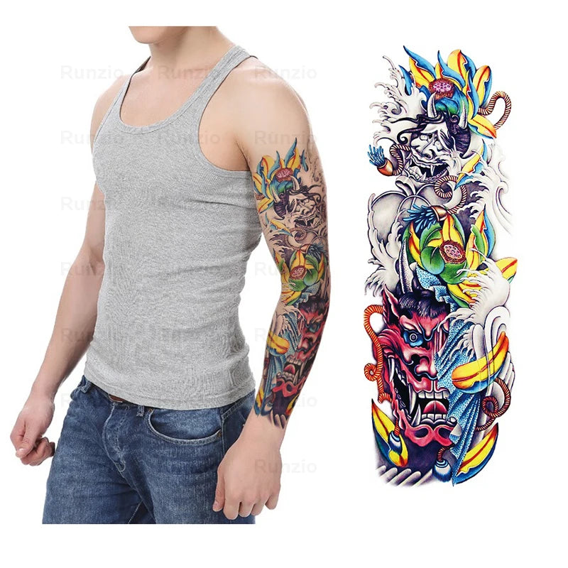 Waterproof Black Ghost and God Men and Women Full Arm Temporary Tattoo Sticker 170x480mm Lasts 3-7 Days