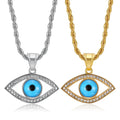 Fashion Turkiye Jewelry Stainless Steel Eye Pendant Necklace 18K Gold Plated Hip Hop Blue Zircon Neck Chain for Men