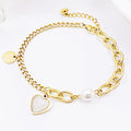 Trendy Roman Stainless Steel 18k Gold Plated Chain Artifical Pearl Bead Heart Pendant Charm Bracelet Women Bracelets