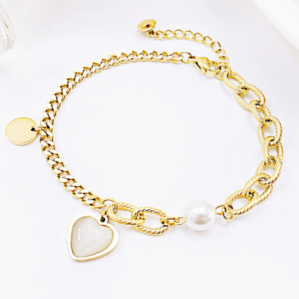 Trendy Roman Stainless Steel 18k Gold Plated Chain Artifical Pearl Bead Heart Pendant Charm Bracelet Women Bracelets