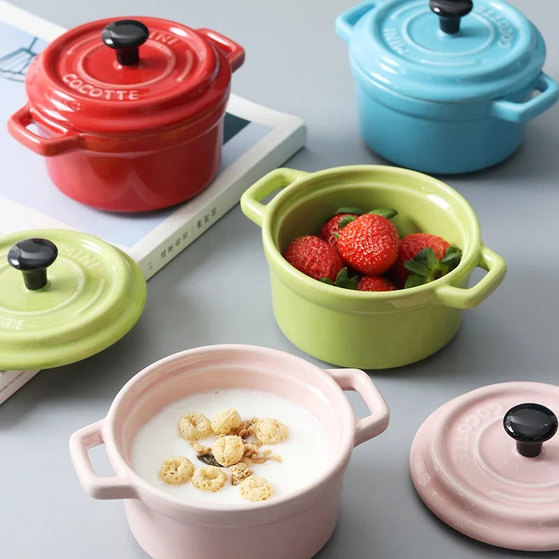 Eco-Friendly Cute Ceramic Double Ear Soup Bowl with Lid Steamed Egg Baking Pot Pudding Cake Bowl