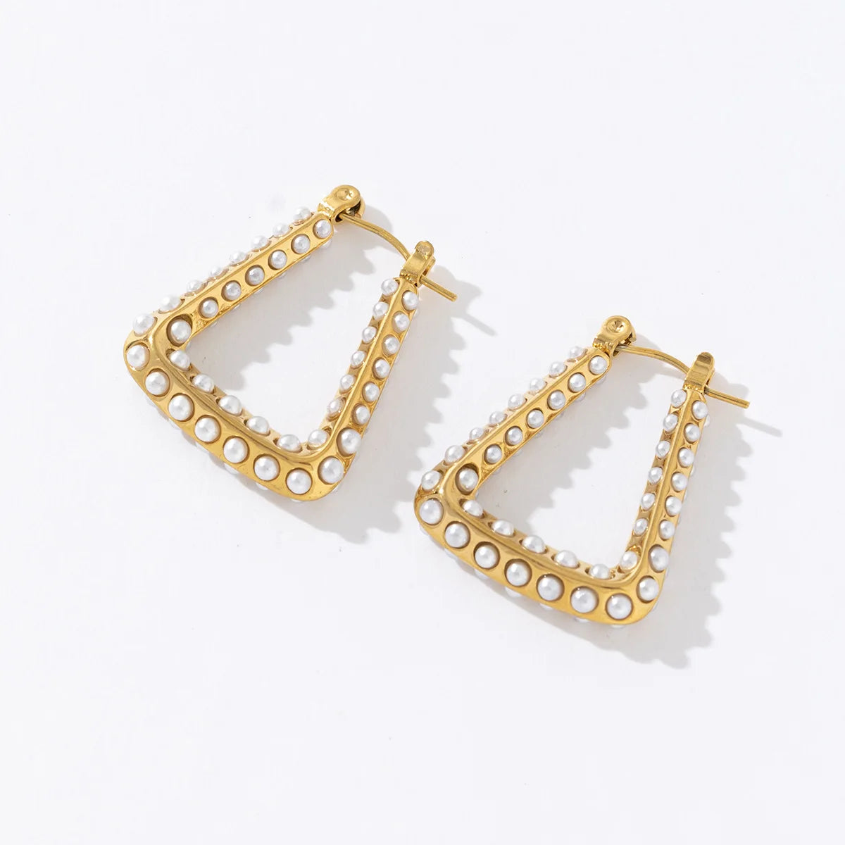 Elegant  Full Pearl Zircon Pendant Trapezoid 18K Gold Plated Stainless Steel Non Tarnish Statement U Shape Earrings