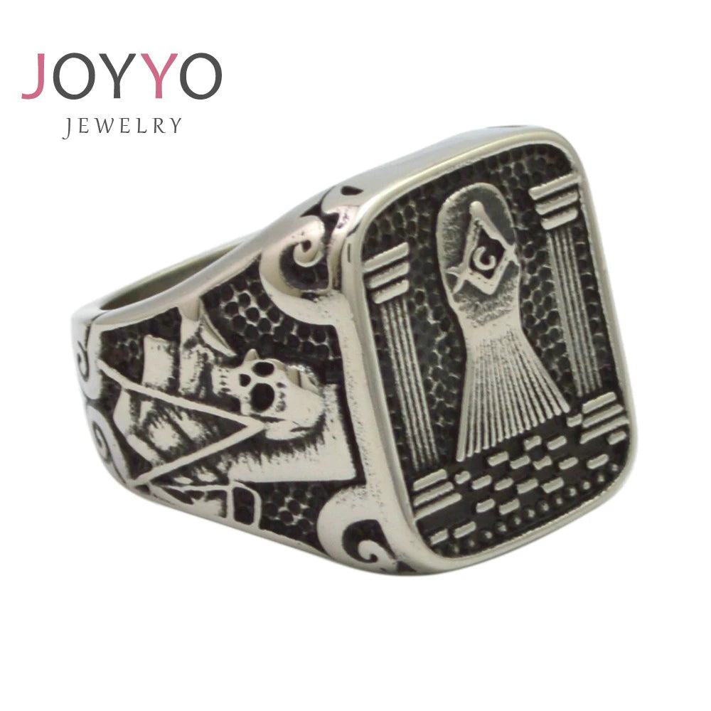 Punk Skull Jewelry Mason Ring for Men Stainless Steel Masonic Jewels Square Titanium Man Finger Rings