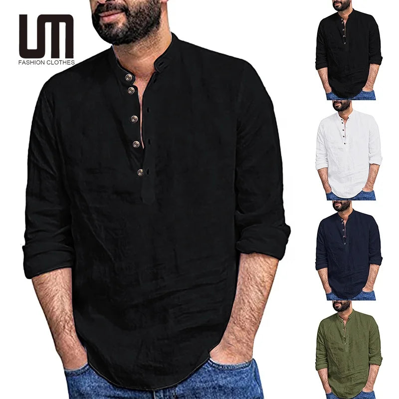 Liu Ming Fashion Mens Casual Solid Color Cotton Button Loose Sleeve Shirt Blouse