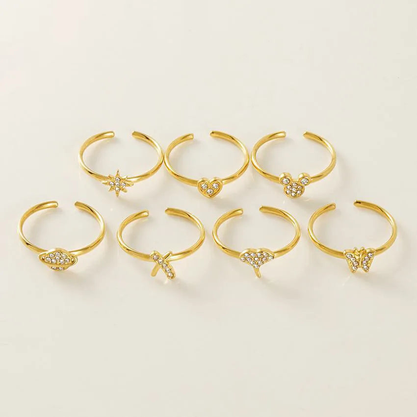 Wholesale New Vintage Fashion Stainless Steel Rose Gold Plated Trendy Shiny Zircon Open Adjustable Butterfly Ring Certified