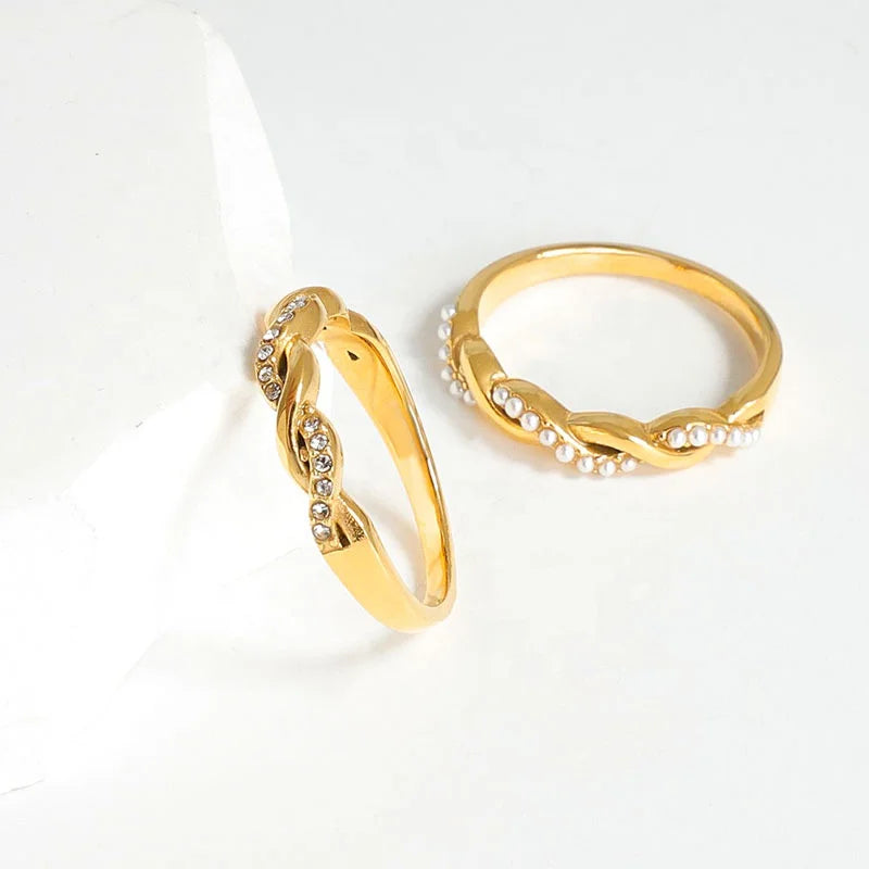 Hot Sale Fashion Jewelry S18K Gold Plated Stainless Steel Twisted Paved Full Zircon Pearl Rings for  Women