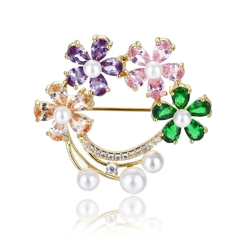 Luxury Women Wedding Jewelry Pearl Colorful Cubic Zirconia Diamond Flower Brooch