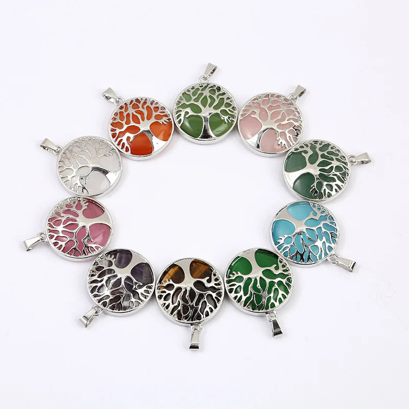 Fashionable Silver Tree Life Pendant Obsidian Natural Quartz Crystal Necklace Semi Precious Stone for Children